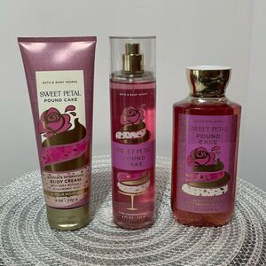 BBW Sweet Petal Pound Cake Body Cream, Fragrance Mist & Shower Gel set of 3 NWT
